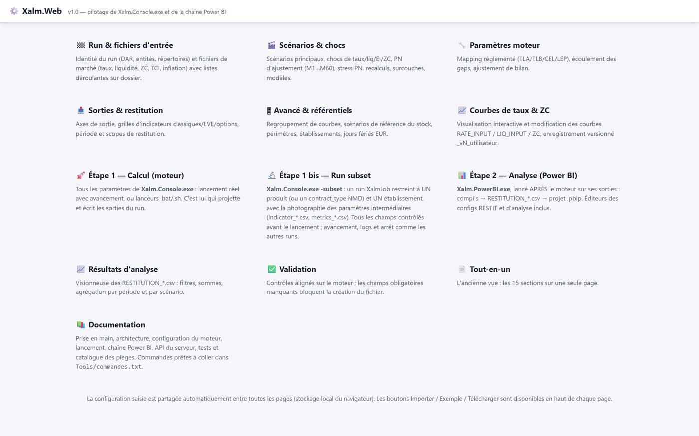Page d'accueil de Xalm.Web : une carte par page, de la configuration aux résultats